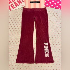 VS PINK VINTAGE Y2K VELOUR TRACKSUIT FLARE PANTS RED DOG PUP 86 PATCH LOGO HTF M